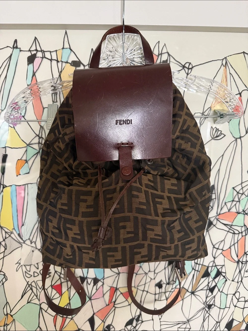 Fendi Brown Zucca Monogram Backpack with Dark Brown Leather Flap